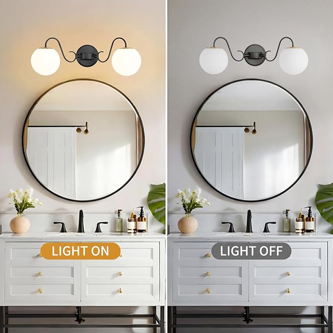 2 Lights Vintage Bathroom Vanity Light Fixtures Over Mirror, Matte Black Vanity Lights For Bathroom With Milk White Glass Globe Shade, Wall Lights For Bedroom, Hallway, Dressing Table(Includ G9 Bulbs)