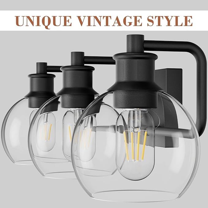 Tipace Black Vintage Bathroom Vanity Light Fixtures Over Mirror Glass Globe 3 Lights Industrial Vanity Lights Farmhouse Bath Lighting(Exclude Bulb)