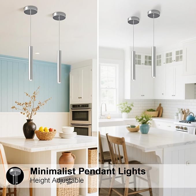 Modern LED Pendant Light Fixtures Chrome Long Tube Pendant Lights 2 Pack Pendant Lighting for Bedroom Dining Room Bar Kitchen Island Hanging Light Height Adjustable, 3000K, 11.8inch