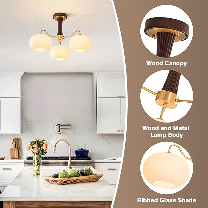 Semi Flush Mount Ceiling Light,3-Light Glass Lampshade Mid Century Ceiling Light Fixture for Bedroom Entryway Loft Kitchen Farmhouse
