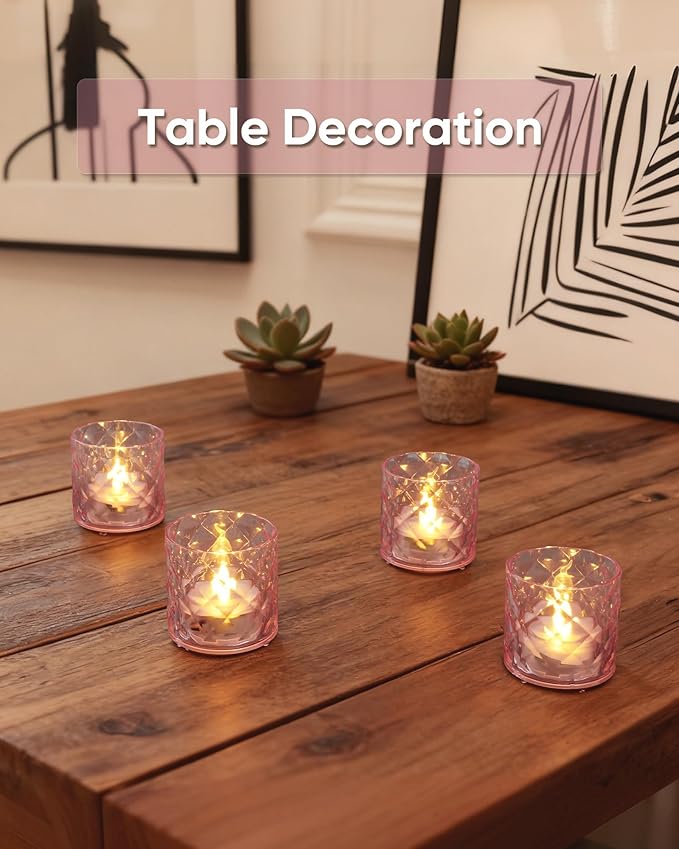 Homemory 2" x 2" Acrylic Votive Candle Holders with Auto Timer Flameless Led Tealight with, Battery Powered Fake Electric Candles for Wedding Centerpiece, Table, Christmas Decor (6Pack, Pink Base)