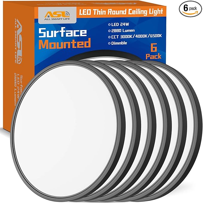 Allsmartlife Led Flush Mount Ceiling Light, 6 Pack 24W 12inch Round Led Surface Mount Light, Close to Ceiling Light Fixtures for Bedroom, Bathroom, Laundry Room, Kitchen