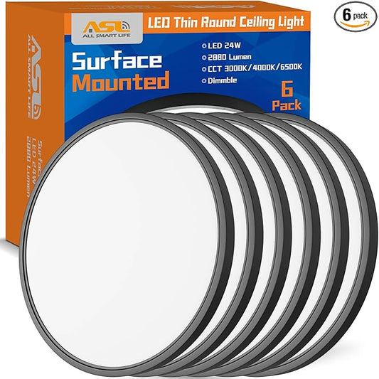 Allsmartlife Led Flush Mount Ceiling Light, 6 Pack 24W 12inch Round Led Surface Mount Light, Close to Ceiling Light Fixtures for Bedroom, Bathroom, Laundry Room, Kitchen