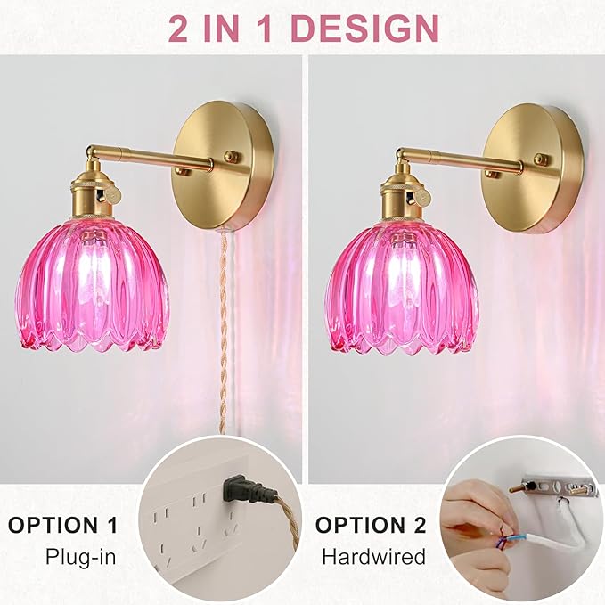Plug in Wall Sconces Set of 2, Vintage Wall Sconce Light with Tulip Ruby Red Glass Lampshade, Bedroom Wall Sconce with Switch and Plug in wall lamp Cord, Gold Wall Light Wall Decor Set of 2