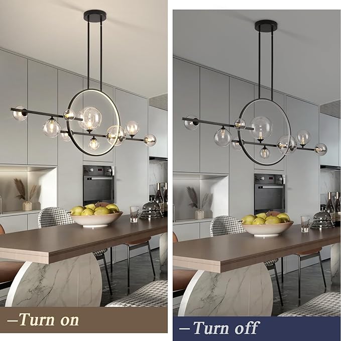 KELUOLY 10 Lights Modern Pendant Light Fixtures, 54" Black Dimmable Mid-Century Dining Room Large Bubble Chandeliers, Linear Kitchen Island Lights with Spherical Clear Glass Shade for bar, Cafe