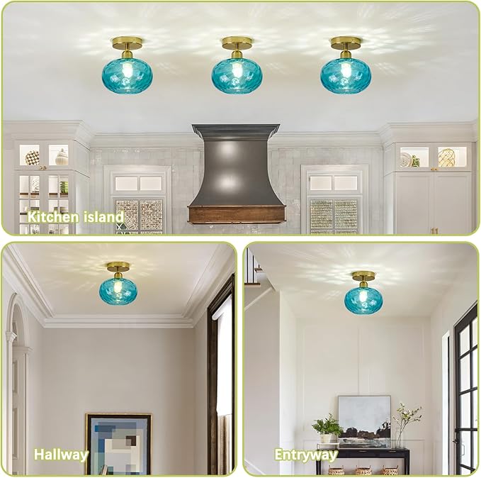Blue Glass Semi Flush Mount Ceiling Light - 2 Pack,7.9 Inch Hammered Glass Small Hallway Light fixtures, Vintage Gold Art Deco Flush Mount Ceiling Light for entryway Foyer Laundry Room Kitchen