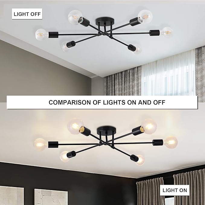 6-Light Sputnik Chandeliers, Black Modern Semi Flush Mount Ceiling Light with E26 Base, Mid Century Industrial Vintage Kitchen Farmhouse Light Fixtures for Dining Room Bedroom Living Room