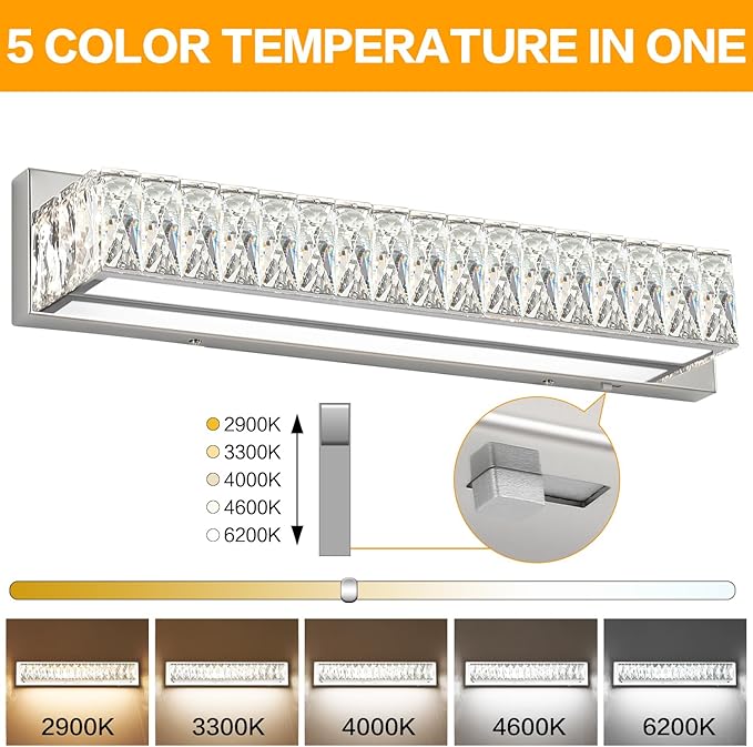 ZUZITO Crystal Vanity Lights for Bathroom 18W LED Bathroom Light Bar Modern Chrome Lighting Fixtures Over Mirror for Bath 22.8 inch