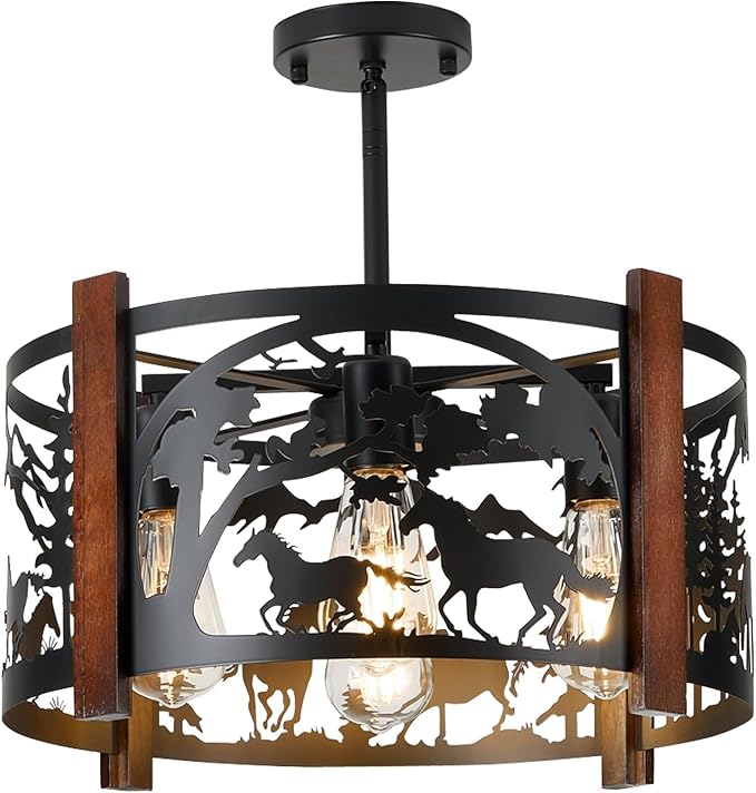 Farmhouse Rustic Horse Ceiling Light Fixtures, 4-Light Round E26 Base Black Metal Wooden Fixture for Kitchen, Living Room,Foyer, Bedroom, Hallway-‎16.5" L* 16.5" W * 11.8" H