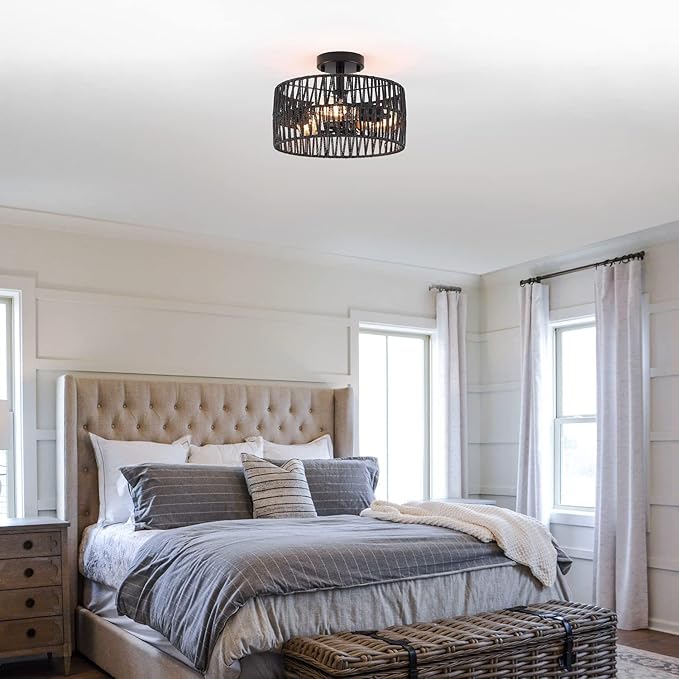 3-Light Coastal Black Woven Flush Mount Light Fixture Rustic Industrial Hemp Rope Flush Mount Ceiling Light for Hallway Bedroom Kitchen Entryway Farmhouse Living Room, Black