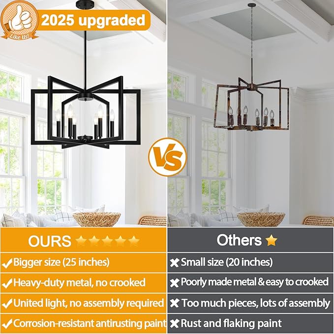 25" Modern Matte Black Chandelier for Dining Room, No Assembly Required Black Dining Room Light Fixture Over Table, Industrial Metal Hanging Pendant Lights Fixture for Kitchen Island, Entryway, Foyer