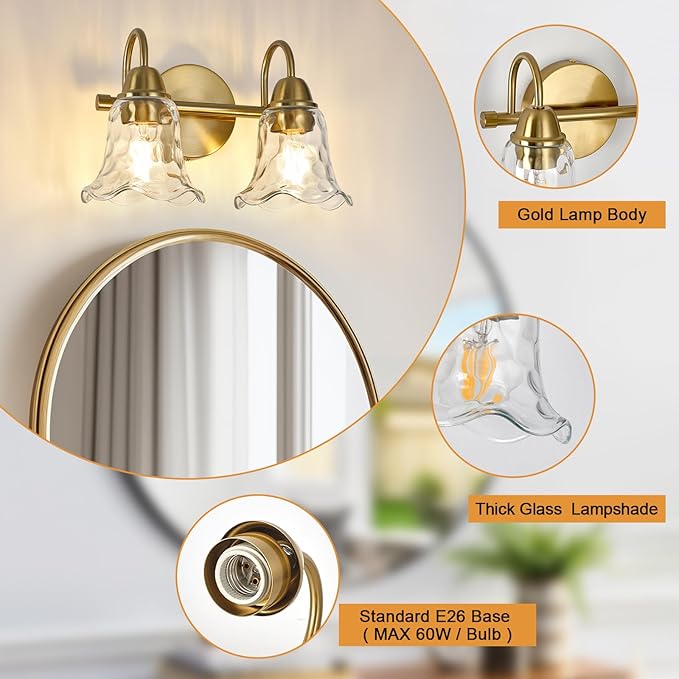 Bathroom Light Fixtures Over Mirror, 2 Lights Vintage Wall Sconces with Hammered Glass Shade, 12.6" Gold Bathroom Wall Light Fixtures for Bedroom, Porch, Hotel, Mirror Cabinet