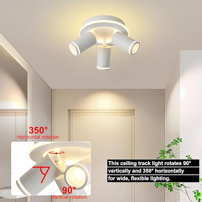 LED 3 Light Track Lighting Kit, White Round Ceiling Spot Lighting Fixture with Flexibly Rotatable Heads, Modern Spotlight for Kitchen, Living Room, Bedroom, Dual Lighting Design,Includes 3 x GU10 Bulb