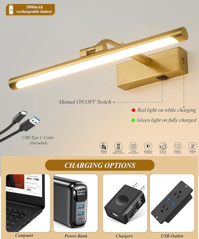 Picture Lights for Wall Battery Operated,16 Inch Wireless Rechargeable Art Lights for Pictures,3CCT Dimmable Retractable Painting Light with Remote & Timer,Glare-Free for Gallery Light,Gold