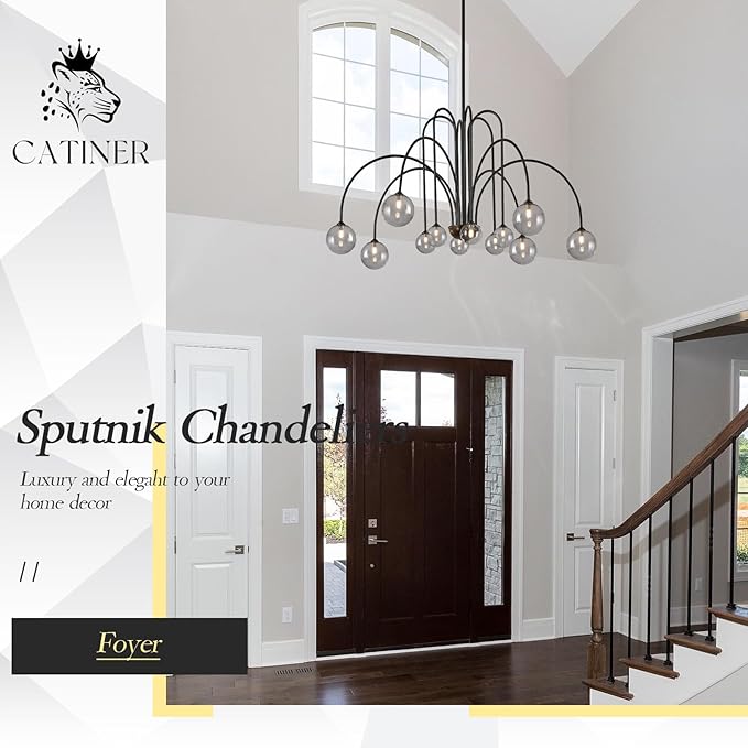 CATINER Modern Black Chandelier 12 Lights Sputnik Chandelier Large L52” Mid Century Ceiling Pendant Light Fixtures with Smoke Glass Globe Shades for High Ceiling Living Dining Room Foyer Staircase