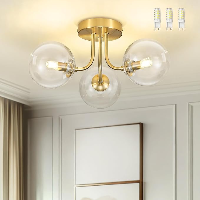 3-Globe Gold Flush Mount Ceiling Light in a Modern Farmhouse Design is Ideal for Living Rooms, Bedrooms, or Dining Rooms. Model:CKCL4845-3W-CLPG,(Bulb Incl)