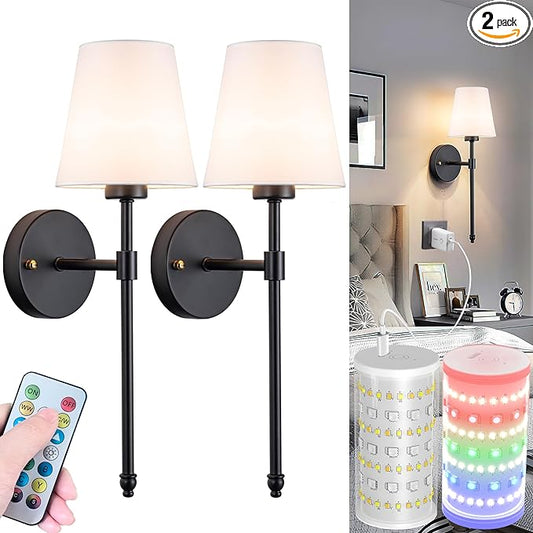 Battery Operated Wall Sconces Set Of 2, Wireless Battery Wall Light With 10000mAh RGB Rechargeable Magnetic Bulb, Rechargeable Wall Sconce With Remote Control For Bedroom, No Electrician Required