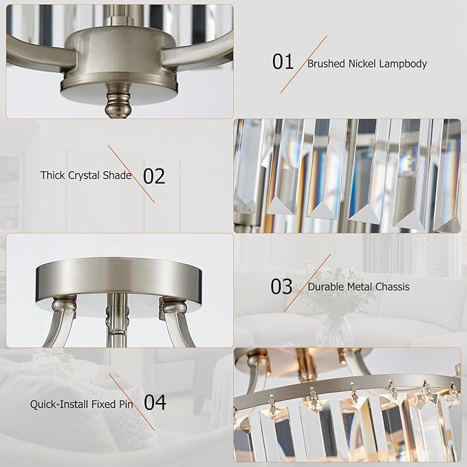12.2'' Modern Brushed Nickel Crystal Ceiling Light Fixture Farmhouse 3-Light Semi Flush Mount Drum Chandelier for Dining Room, Bedroom, Kitchen, Hallway, Entryway, Foyer, E12 - MJ055BN