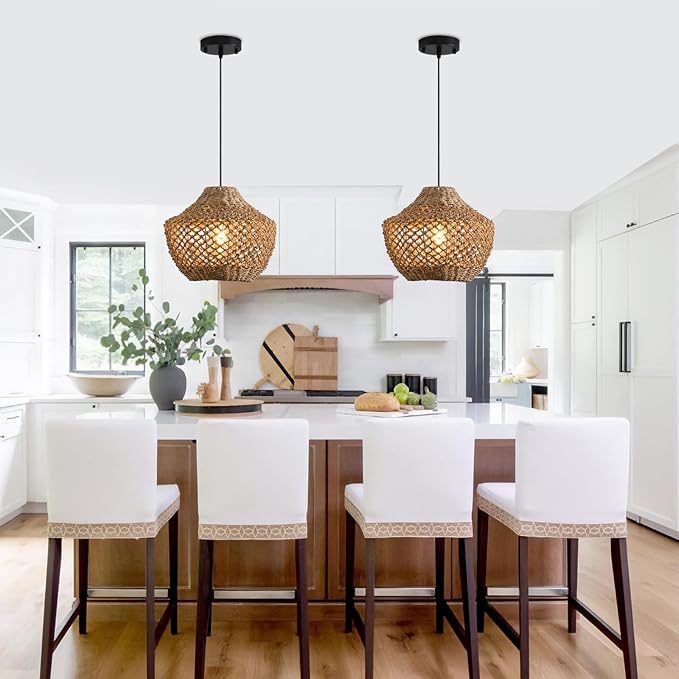2-Pack Rattan Pendant Light Fixtures,11.81" Boho Pendant Light,Hand Woven Water Plants Rattan Chandelier for Workplace Occasions Restaurants Dining Living Bedroom Kitchen Farmhouse