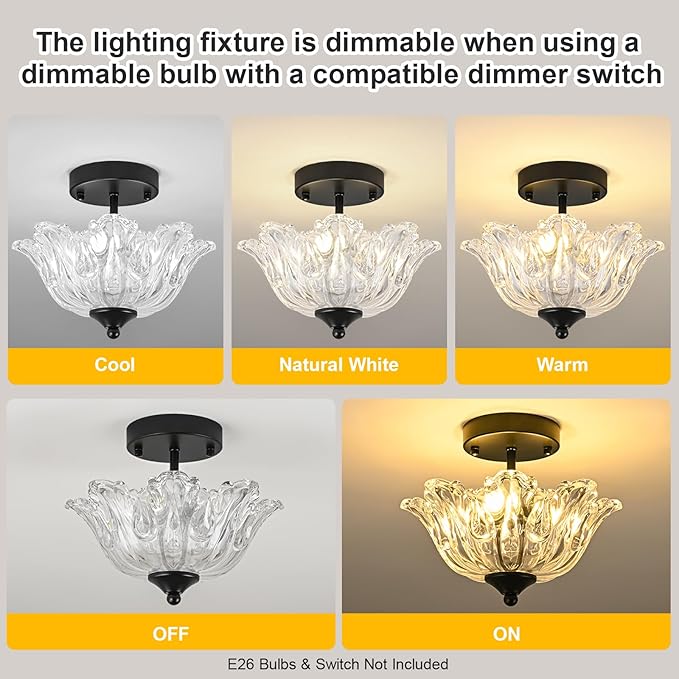 Semi Flush Mount Ceiling Light, Black Light fixtures with Floral Clear Glass Shade, Modern Close-to-Ceiling Lighting for Bedroom Kitchen Living Room Hallway