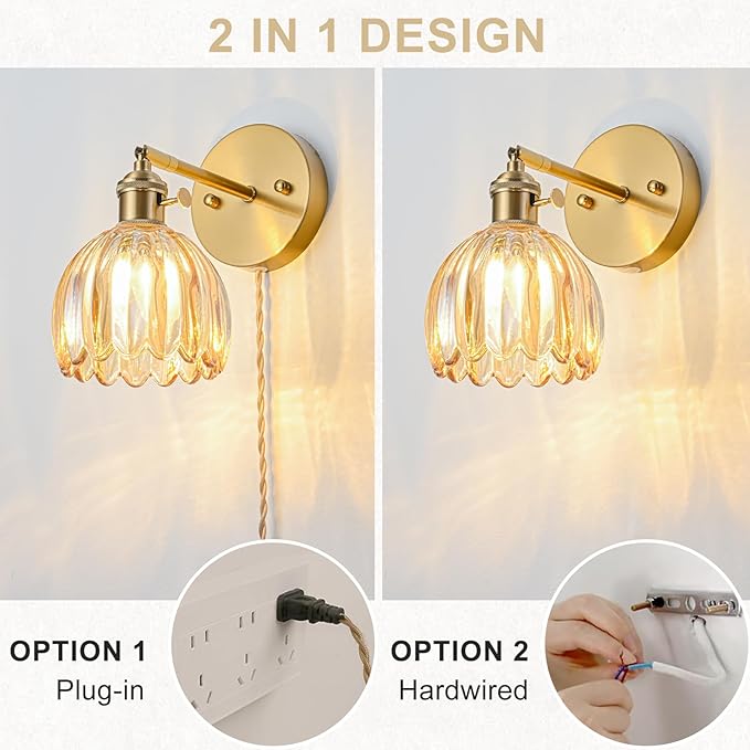 Plug in Wall Sconce, Vintage Sconce Light with Tulip Amber Glass Lampshade, Bedside Wall Sconce with Switch and Plug in Wall Lamp Cord, Gold Wall Light for Bedroom