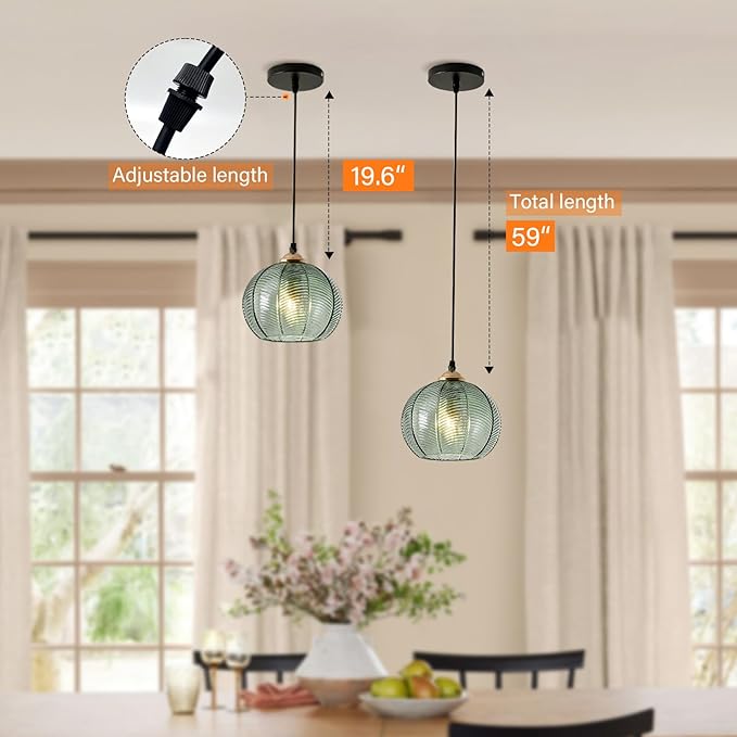 Mid Century Pendant Lamp Green Glass Ceiling Hanging Lamp, Classic Green Glass Globe Shade, Black Pendant Light Fixtures for Kitchen Island Dining Room Bedroom, Set of 2