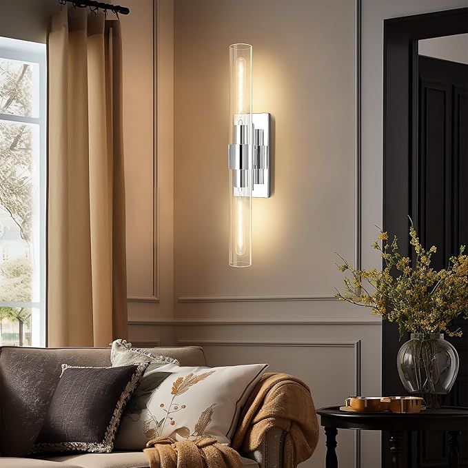 Chrome Wall Sconces, 22.8" Bathroom Sconces, Indoor Sconces Wall Lighting Up and Down, Nickel Wall Sconce Dimmable, Vanity Lights Fixtures with Tube, Glass Sconce for Bedroom, Staircase