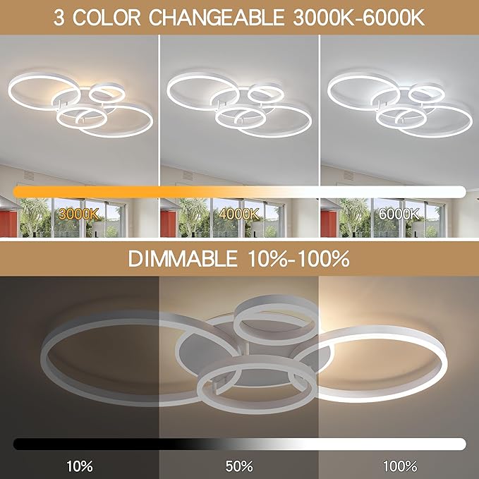 O'NEELDY Modern Light Fixtures Ceiling Flush Mount Modern Led Ceiling Lights 5-Light Dimmable Led Chandelier White Lamp with Remote for Bedroom Living Room Kitchen Dining Room, 100W
