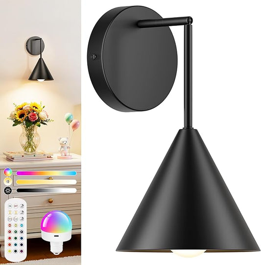 MATAMEYE Rechargeable Wall Sconce, Black Wireless Battery Operated Wall Lamp with Remote, Dimmable & Timer, Modern Industrial Indoor Light Fixture, Bulb Included