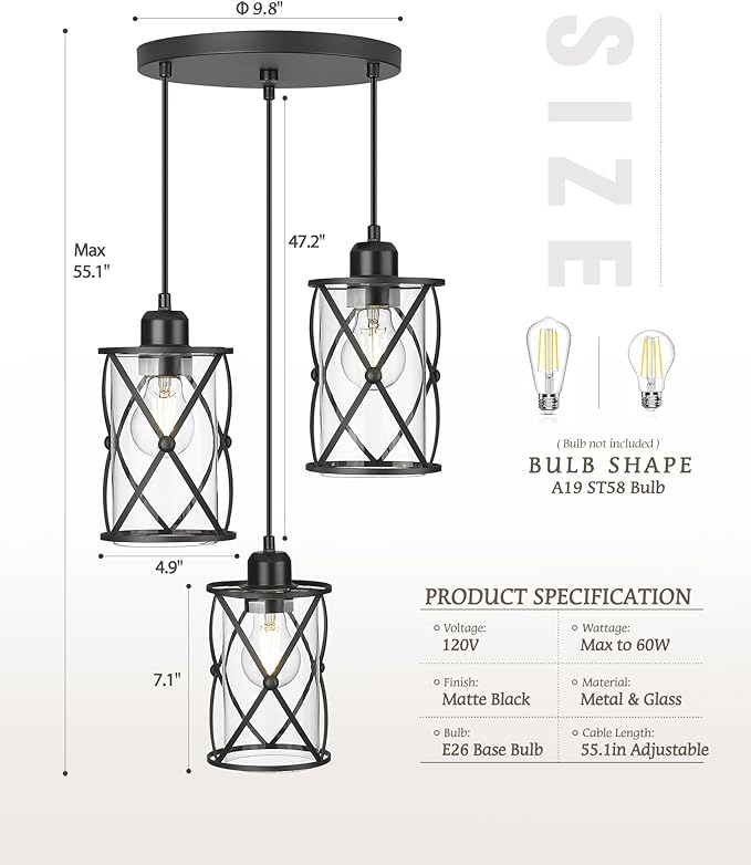 Black Dining Room Chandelier Light Fixtures, 3-Light Pendant Lighting with Clear Glass, Modern Kitchen Island Cluster Hanging Pendant Lights for Sink, CH9176BK3