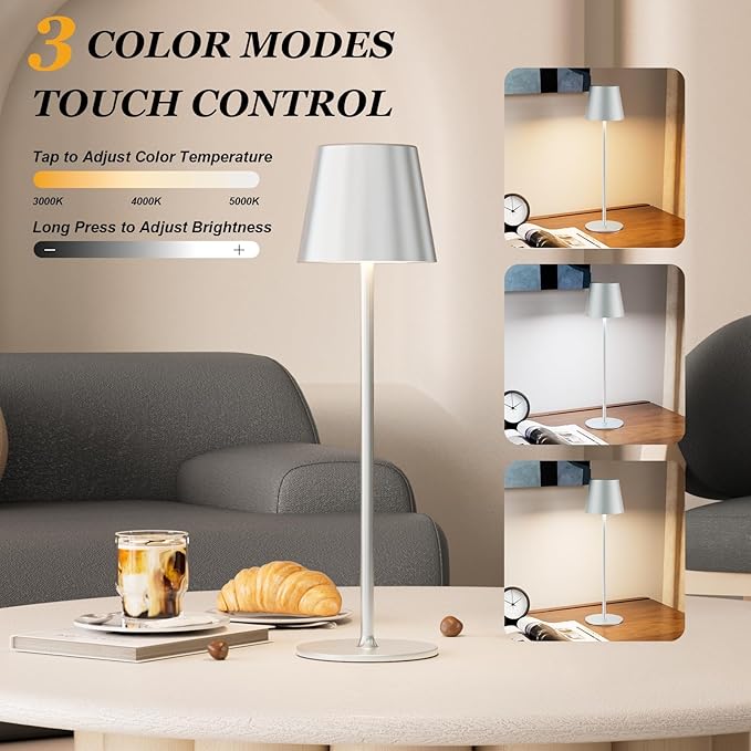Kakanuo Cordless Table Lamp Rechargeable - Silver Grey 2 Pack 5000mAH Battery Operated Lamp for Counter, 3 Color Stepless Dimming Wireless Lamp for Dining Kitchen, Outdoor Patio, Touch Control