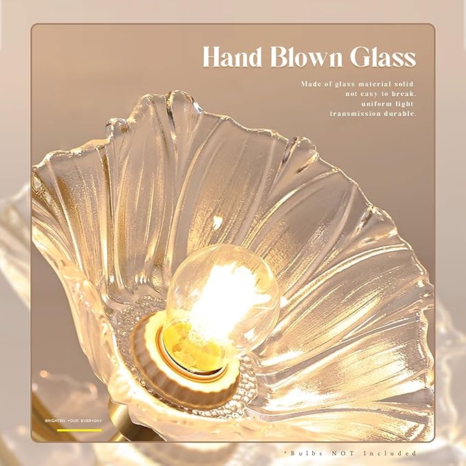 Gold Brass Flush Mount Ceiling Lights Glass Chandelie 3-Lights Clear Flower Glass Shade Mid Century Modern Close to Ceiling Light Fixtures Sputnik Overhead Light Dining Room 2-Pack