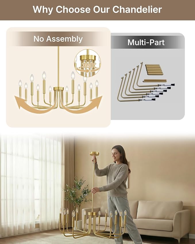 Yunnix 12-Light Gold Chandelier, 35" Extra Large Modern Gold Chandelier Brushed Gold Chandelier Light Fixture - Gold Farmhouse Chandelier for Dining Room, Living Room, Kitchen Island, Hall, Foyer