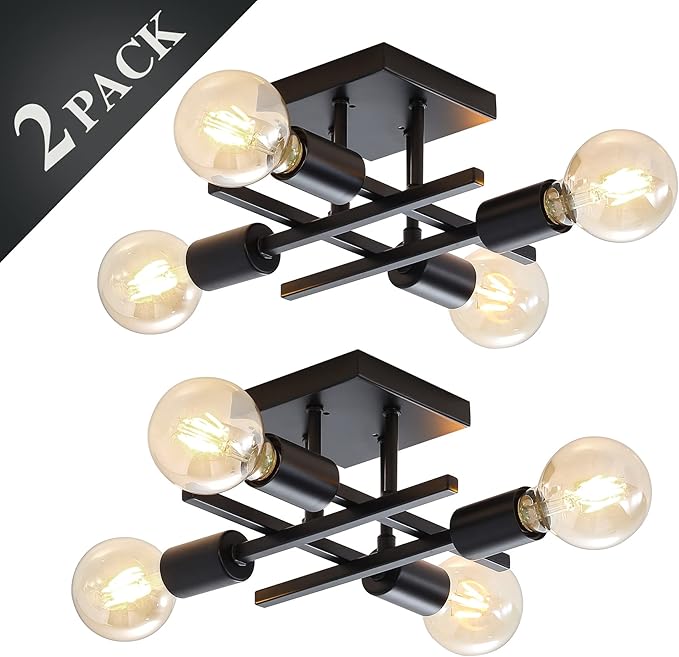 2 Pack Industrial 4-Light Semi Flush Mount Ceiling Light Fixture, Modern Black Chandelier Lighting, Farmhouse Sputnik Ceiling Lamp, E26 Base Pendant Lights for Bedroom Living Room Entryway