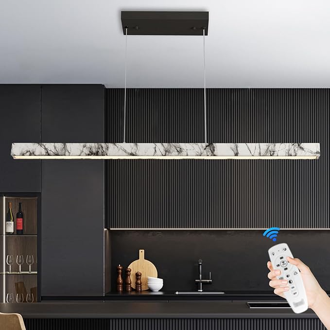 39” Linear Pendant Lights for Kitchen Island, Modern LED Chandelier for Dining Room, Dimmable Hanging Light Fixture with Remote for Office Pool Table, Marble Pattern