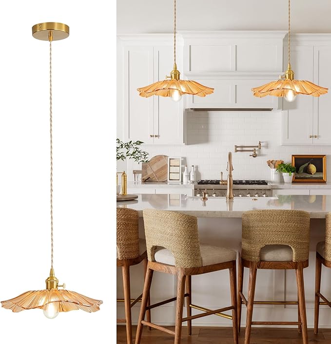 Pendant Light Kitchen Island Amber Glass Hanging Light Fixture Folwer Light Vintage Pendant Lights Modern Lighting for Bedroom Kitchen Hallway Bathroom Brown Sunflower