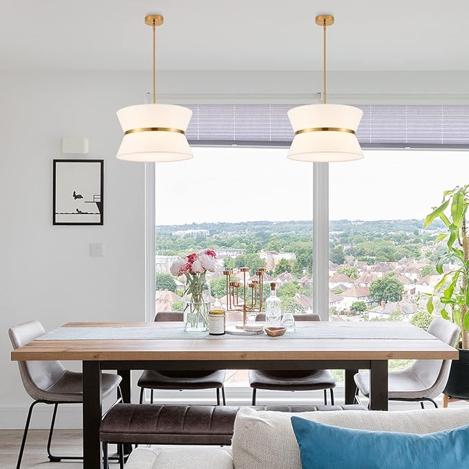 Modern Chandelier with Off-White Fabric Shade and Brass Finished Adjustable Pendant Light for Kitchen Island Living Room Bedroom Hallway, E26, Dia 18 Inch, UL Listed