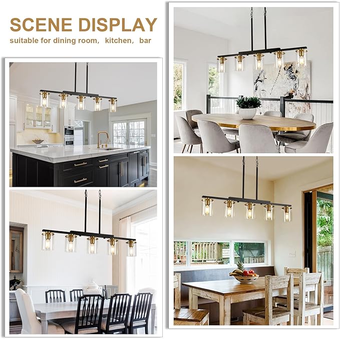 36.2inch 5-Light Kitchen Island Lighting,Dining Room Lights Modern Farmhouse Chandelier with Clear Glass Shade,Modern Rustic Black and Gold Metal Chandelier, Kitchen Pendant Light Fixtures