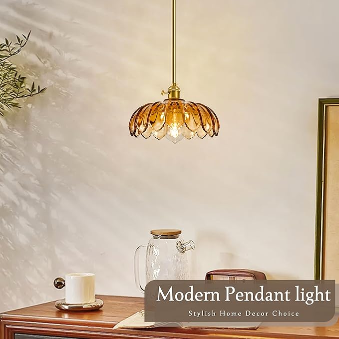 Mid Century Modern Pendant Light 2 Pack Hanging Adjustable Pendant Lights with Brushed Gold Fixture Amber Flower Glass Vintage Chandelier for Kitchen Island Bedroom Dining Room（Bulb Incl.）
