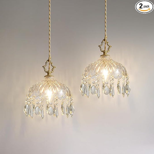 Vintage Small Crystal Pendant Lights - Brass Gold Clear Glass Mini Adjustable Hanging Kitchen Island Chandelier set of 2,Unique Flower Art Deco for Bathroom Bar Bedroom Dining Room Hallway Closet Sink