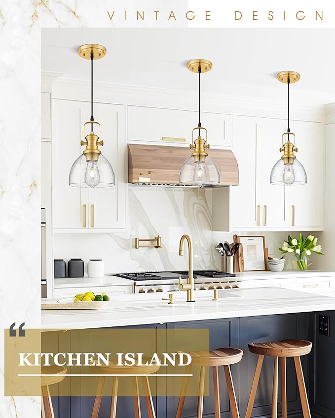 Pendant Lights Kitchen Island 2 Pack, 7.5" Farmhouse Pendant Lighting with Clear Seeded Glass Shade, Vintage Hanging Light Fixtures for Dining Room, Brushed Gold, AD-22151-1P2-GD