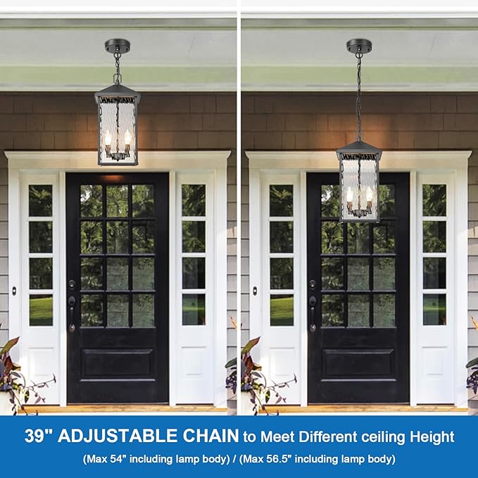 Large Outdoor Pendant Light Black Hanging Light Fixture Ceiling Mount 2-Light Dusk to Dawn, Modern Large Outdoor Chandelier Exterior Pendant Lights with Water Ripple Glass for Porch Patio