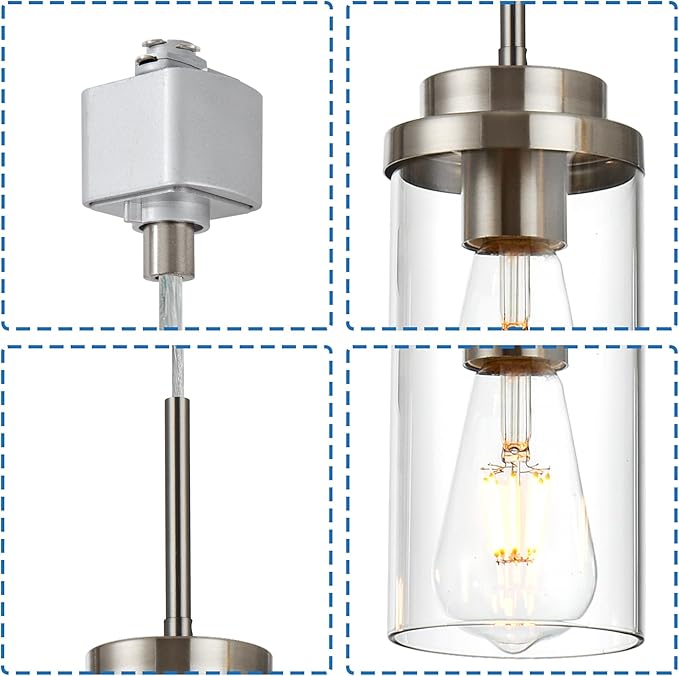 MELUCEE 4 Pack H Track Lighting Pendants Brushed Nickel Ceiling Track Hanging Light Fixtures with Clear Glass Shades, Compatible with H Type Track Lighting Rail, E26 Socket