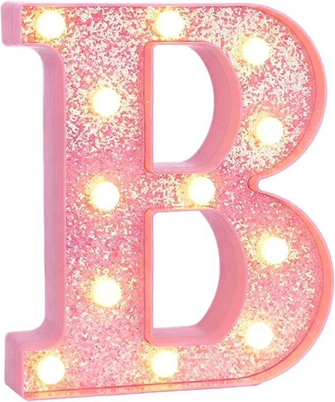 Pink Marquee Light Up Letters, Glitter Alphabet LED Letter Lights for Pink Birthday Party Decorations, Battery Operated Letter Sign for Girls Room Vanity Table Decor, Warm White Lights Letter B