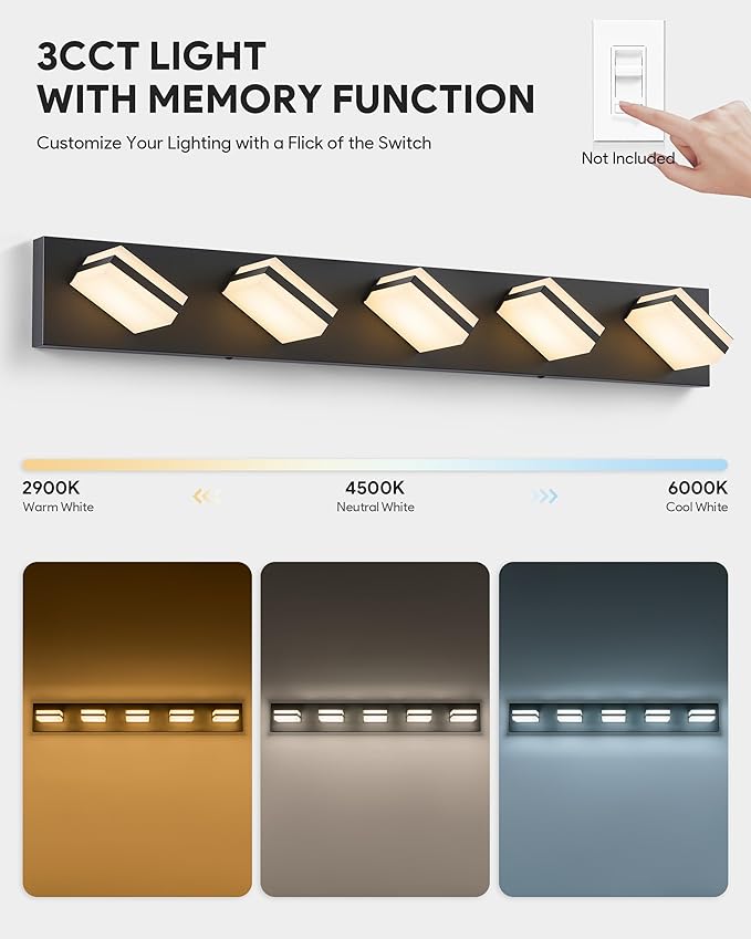 VONLUCE Bathroom Vanity Light Fixture, 5-Light Modern LED Vanity Light, 3CCT Adjustable Bathroom Lights with Memory Function Rotatable Shades, 34" Wall Lighting Fixture Over Mirror, Matte Black