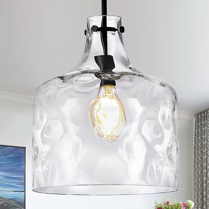 CATINER Extra Large 16" Vintage Farmhouse Pendant Light – Hand-Blown Clear Hammered Glass Shade, Adjustable Chain, Hanging Light for Kitchen Island, Dining Room, Hallway, Black Finish
