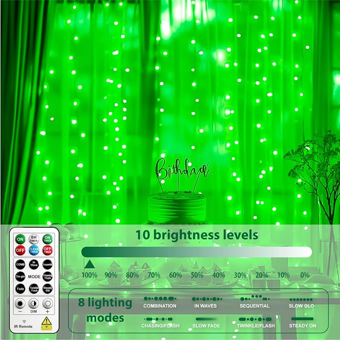 HXWEIYE 300LED Untangled Curtain Lights, 9.8x9.8Ft USB Fairy Twinkle String Lights with Remote and DIY Timer, 8 Modes Window Wall Hanging Light for Bedroom Dorm Backdrop Room Decor, Green