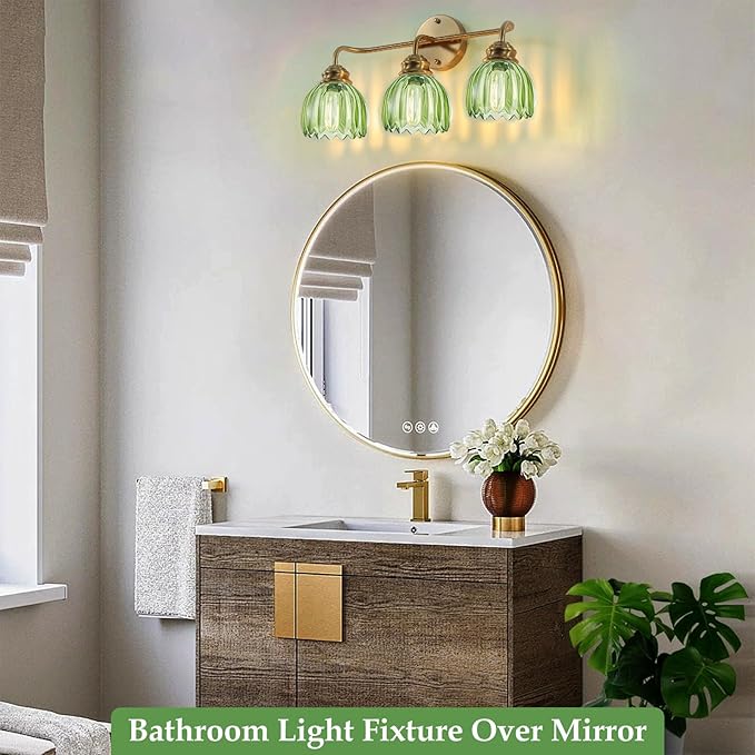 3 Light Vintage Bathroom Light Fixtures, Gold Bathroom Vanity Light, Brass Finish with GreenTulip Glass Shade, Wall Lighting for Bedroom, Living Room, Hallway,E26 Base