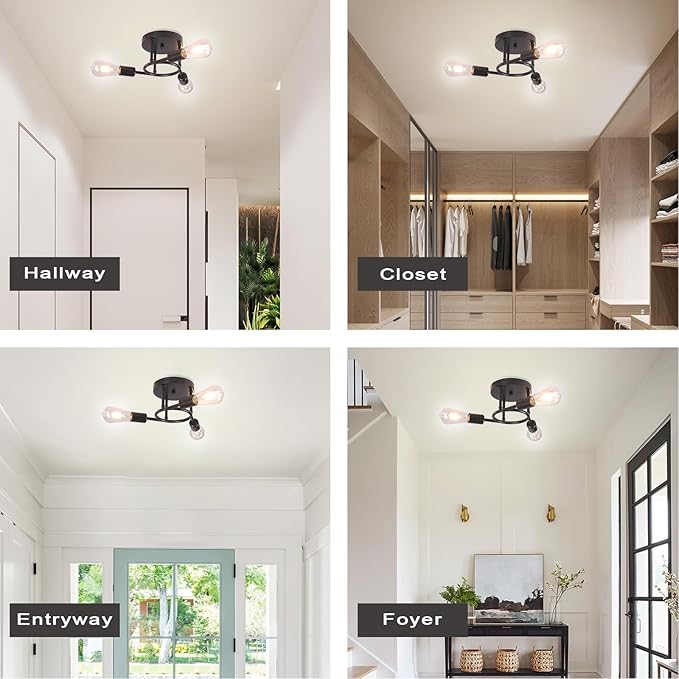 Finktonglan 3-Light Semi Flush Mount Ceiling Light, Matte Black Sputnik Ceiling Light Fixture, Modern Farmhouse E26 Chandelier for Kitchen, Bedroom, Hallway, Entryway