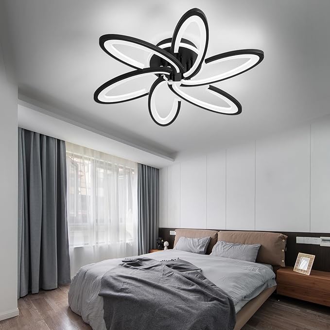 Modern LED Ceiling Light, 6+1 Rings 93W Dimmable Ceiling Light Fixtures 29.5" 3000K-6500K Flush Mount Black Flower Ceiling Lamp with Remote for Living Room,Bedroom,Kitchen